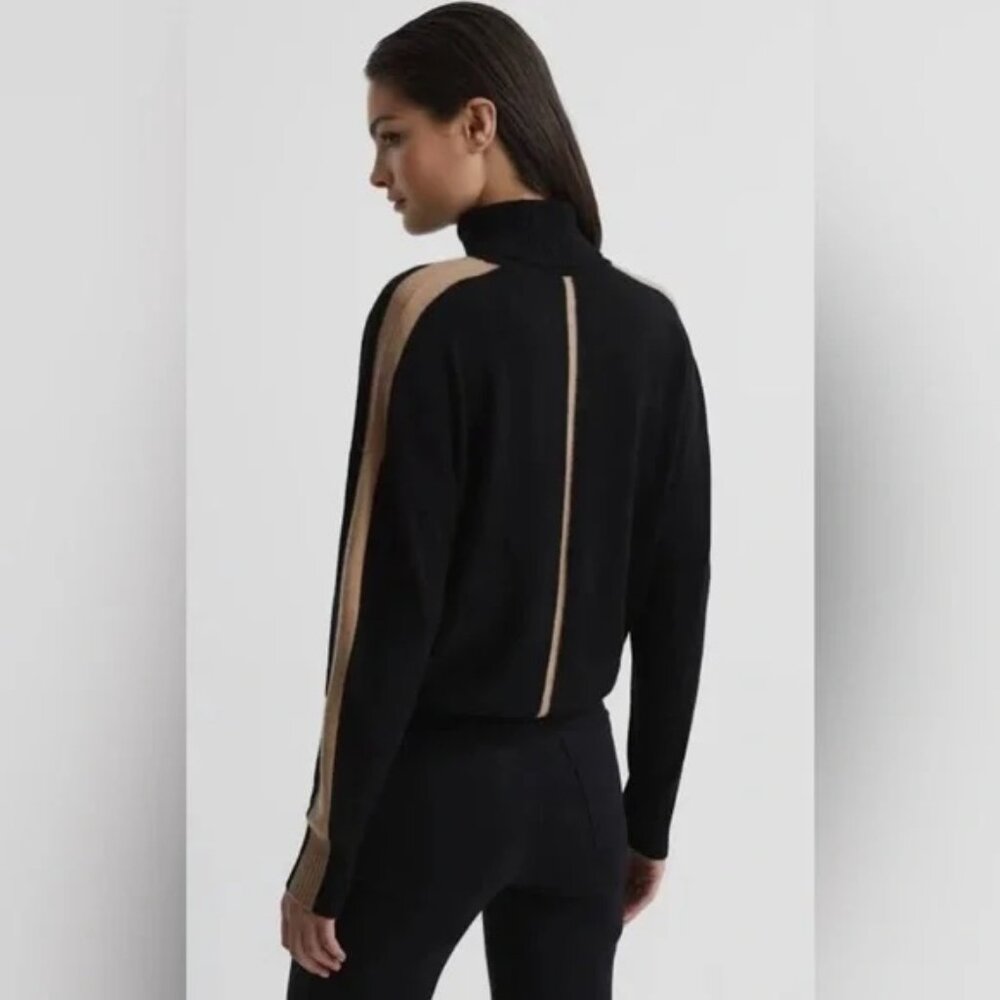 Reiss Nova Knitted Roll Neck Sweater Black with Brown Stripe in Size Small